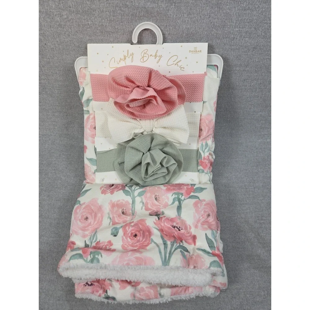 Simply BABY Chic PInk Rose Plush Blanket Set & 3 Matching Head Wraps Gift NEW